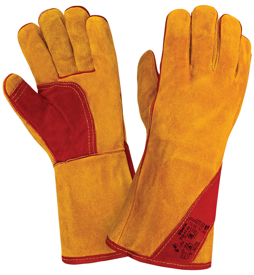 Особопрочные перчатки сварщика (краги) Siberia (Сибирь) T12-11-ru для защиты от механических воздействий и повышенных температур  из цельного спилка, пятипалые, с подкладкой из флиса, брезента  и хлопка, длиной 350 мм (+10/-5мм). Спилок КРС для серии Siberia из спинной части шкур, прошедших предварительную сортировку, спилок однородный, сорт АВ (1,4+/– 0,2 мм), шлифованный, желтого (золотого) цвета. Швы — оригинальная нить Кевлар