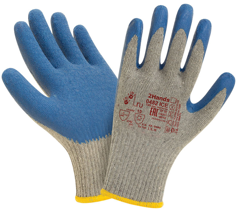 Перчатки 2Hands 0482 ICE  (Ту Хэндс 0482 Айс)  для защиты от механических воздействий и пониженных температур. Перчатки с частичным рельефным покрытием латексом (1,7мм) ладони и пальцев, бесшовная плотная трикотажная основа - полиэфир/хлопок плотностью 10 петель,с ворсом, с внутренней стороны перчатки,  манжет - резинка. Тыльная сторона обеспечивает доступ воздуха к руке, высокая чувствительность пальцев, хороший сухой и влажный захват, перчатки обладают растяжимостью и гибкостью, а так же повышенным сопротивлением разрыву. Прочные перчатки, рекомендованы для работы в осенне-зимний период, в производственных помещениях с пониженной температурой.
