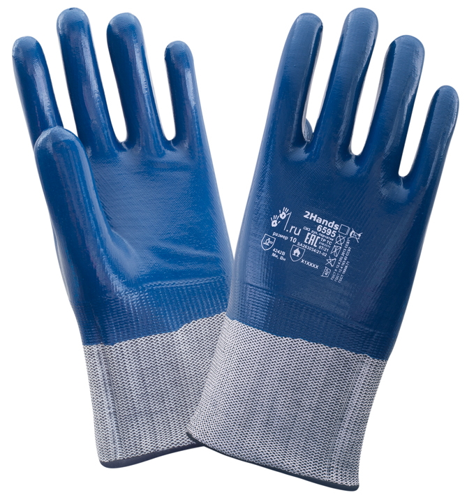 Перчатки с тяжелым нитриловым покрытием и универсальным манжетом безопасности 2Hands 6595 . Многокомпонентная бесшовная основа из полиэстера и нейлона плотности 13G и 15G и разного веса с полным нитриловым покрытием.    
Конструкция перчатки сочетает все преимущества жёсткой краги и трикотажного манжета (трикотажной резинки), манжет обладает достаточной мягкостью для использования под рукавом одежды и объемом и прочностью защитной краги, для применения поверх рукава одежды. Конструкция и материалы создают достаточный воздухообмен, а гладкая плотная основа  высокий комфорт для руки, перчатки обработаны по технологии Actifresh.
