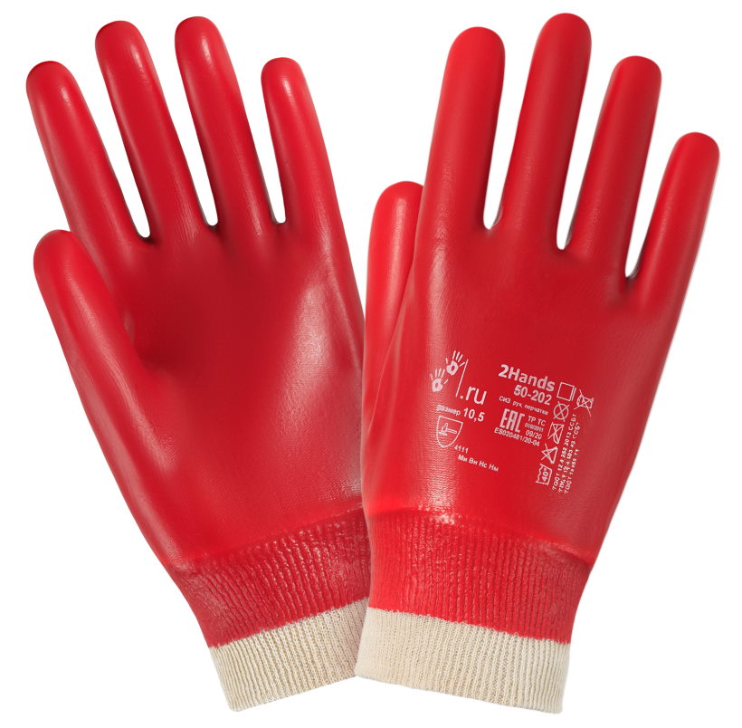 Перчатки с ПВХ покрытием 2Hands ЕСО (Ту Хэндс ЭКО) для защиты от механических воздействий. 100% хлопковая основа с полным ПВХ покрытием, манжет резинка. Хорошая  чувствительность и защита от истирания, стойкость к разрыву и зацепам, ограниченная стойкость к слабым растворам агрессивных веществ (не обеспечивают защиту от химических рисков  выше 1 кат по EN 374), герметичны. Размер 10,5. Рекомендованы к применению во всех сферах производства от сборочных работ до строительства. Обладают преимуществом перед перчатками с нитриловым покрытием при работах в холодное время, т.к. обладают большей эластичностью при низких температурах.