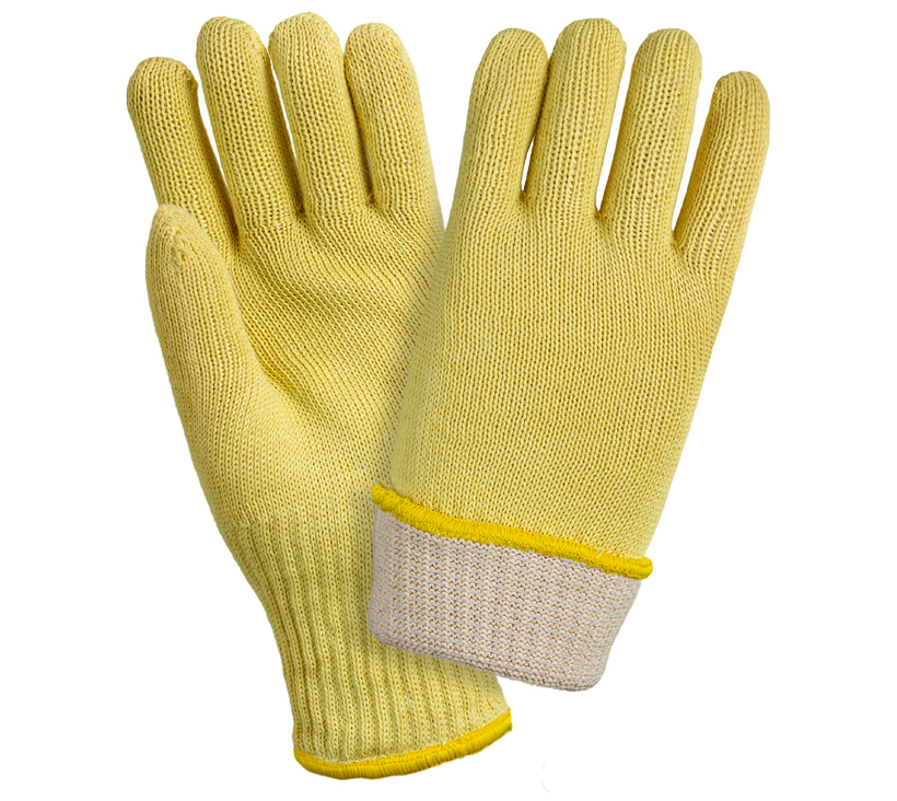 Тяжелые перчатки 2Hands 0970 для защиты от механических воздействий (в тч пореза: уровень 5, индекс Е) и повышенных температур из параарамидной нити плотностью вязки 7G и подкладкой из хлопка петлевой вязки, удлиненная конструкция (340 мм) для лучшей защиты.