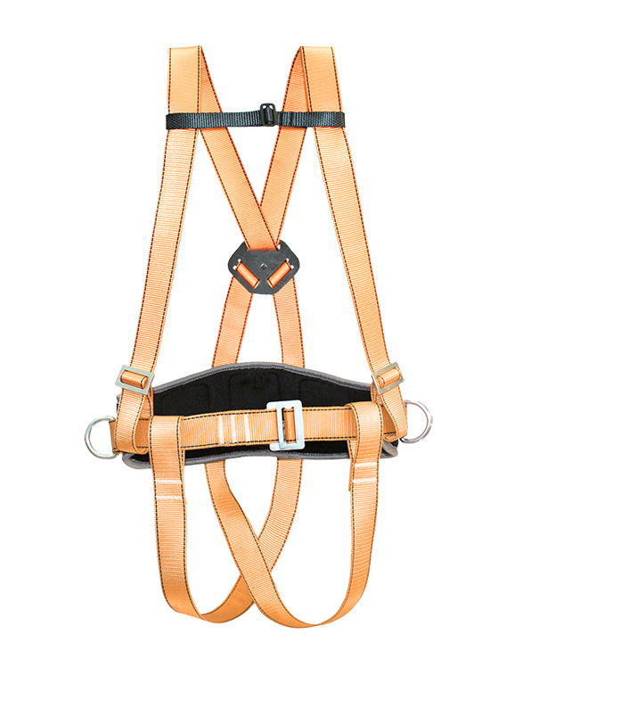 Простая страховочная привязь состоит из наплечных и набедренных лямок,  кушака, двух боковых и одного заднего D-образных колец. Все металлические детали выполнены из стали с цинковым покрытием.